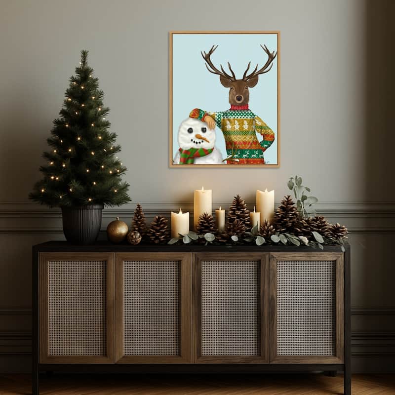 Deer in Christmas Sweater with Snowman by Fab Funky (23 x 28 in.), Framed Canvas Wall Art Print - Sylvie Natural
