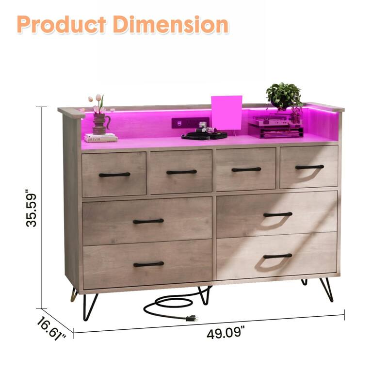 8 Drawer Wood Dresser, with Power Outlet and LED Lights