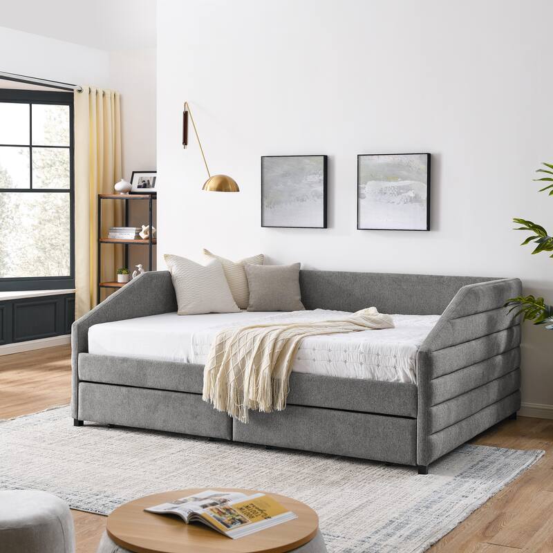 Roomfitters Queen/Twin Size Upholstered Daybed with Drawers, Linen Tufted Sofa Bed with Trundle Storage, Modern Guest Bed