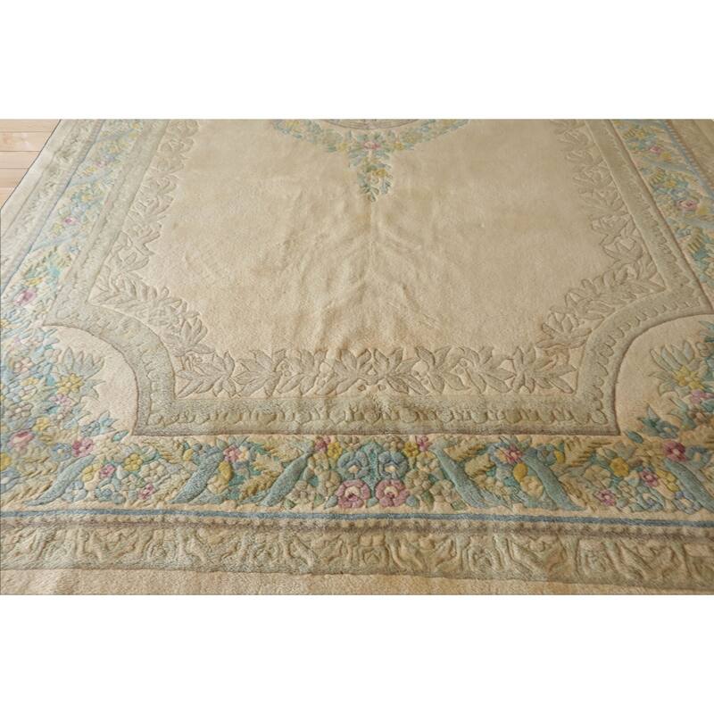 11x18 Hand Knotted Wool Beige Plush Pile Traditional Aubusson Savonnerie Rug - 11' x 18'