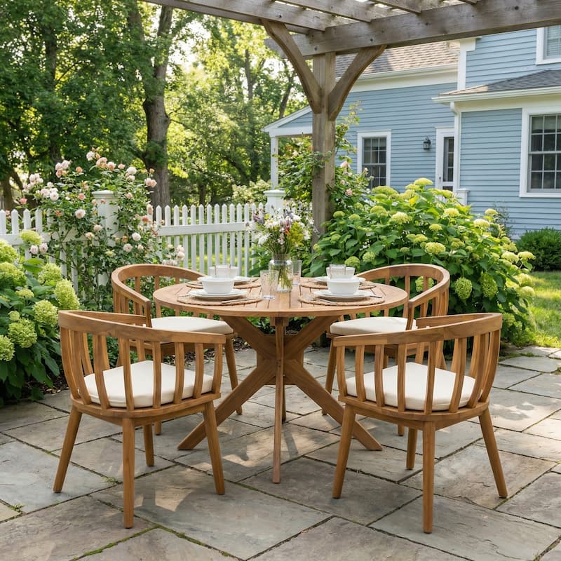 Christopher Knight Home - Meadowbrook Outdoor Acacia Wood 5-Piece Dining Set with Cushioned Chairs - Teak+ Beige