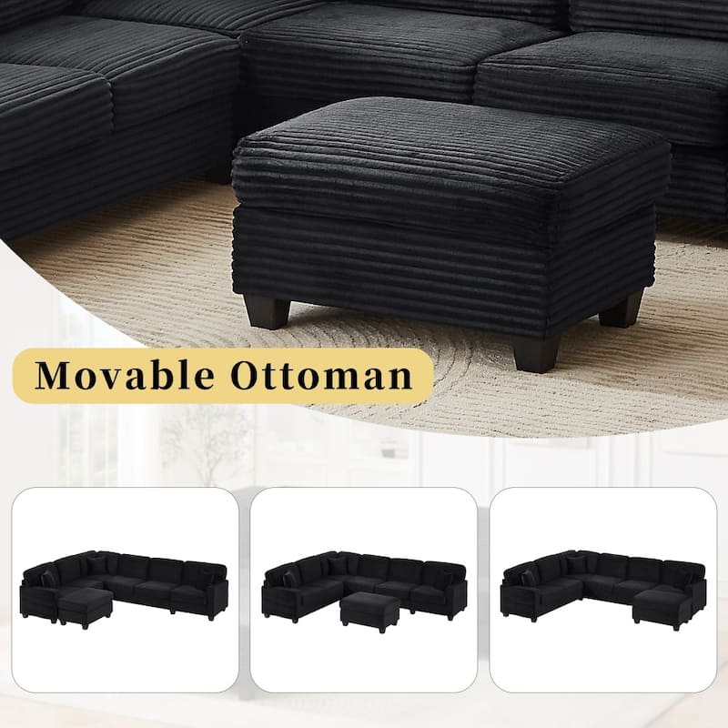 125.2" Modern Corduroy Upholstered U-shaped Sectional Sofa with Movable Ottoman and Side Storage Pockets