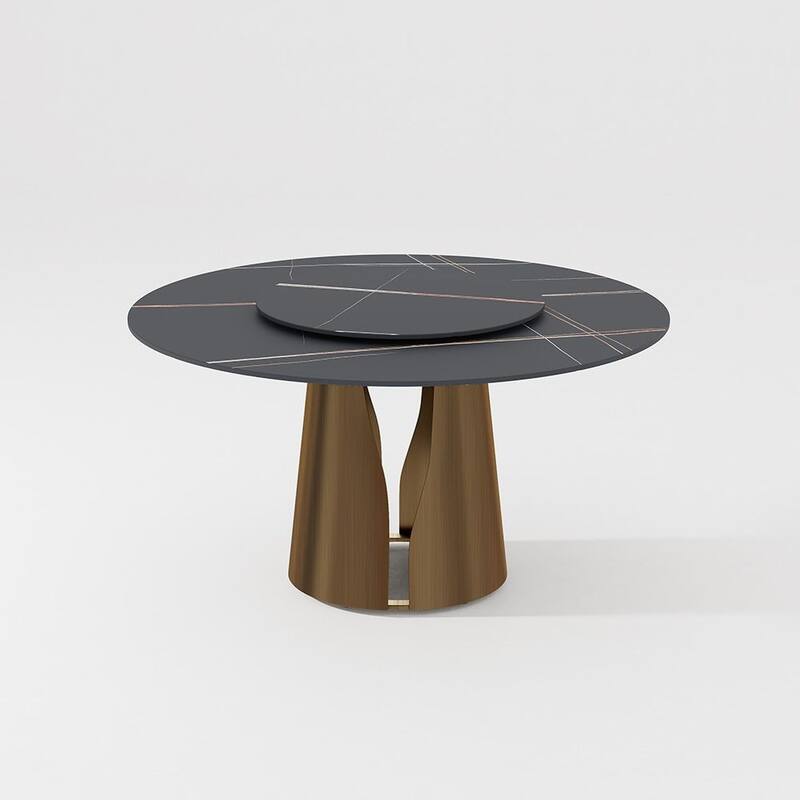Modern Round White Dining Table，Sintered Stone Tabletop, Solid Black Carbon Steel Base