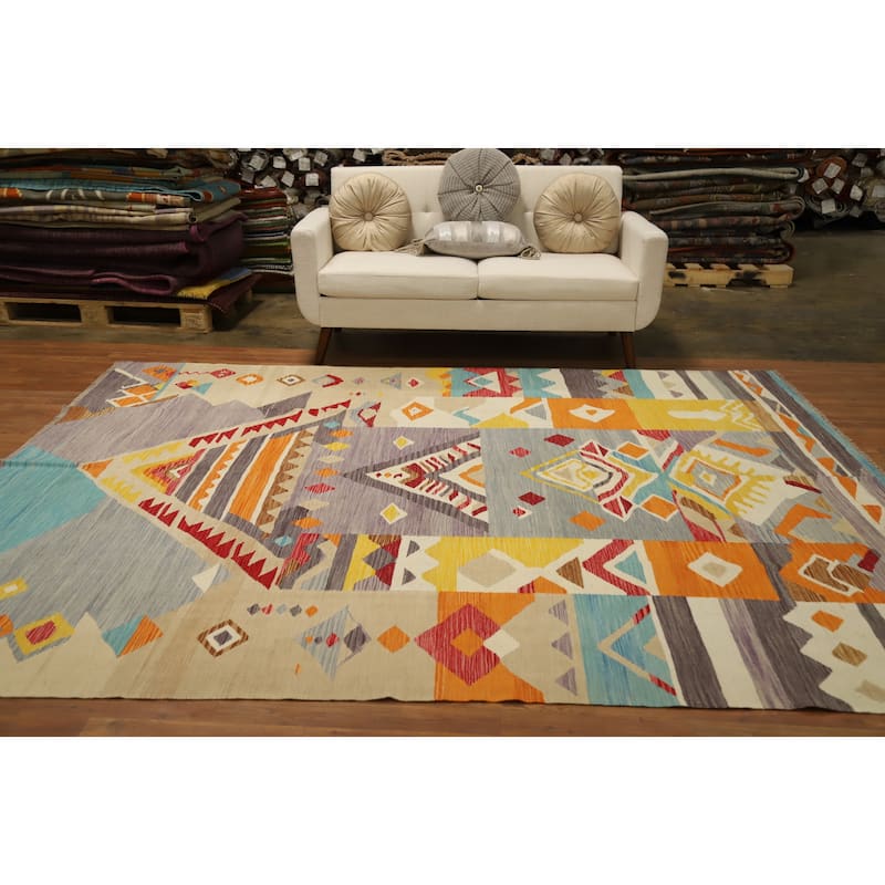 Hand Woven Oriental 100% Wool Carpet Southwestern Tribal Multi-Colored Kilim Area Rug - 9' 8'' X 8' 1''