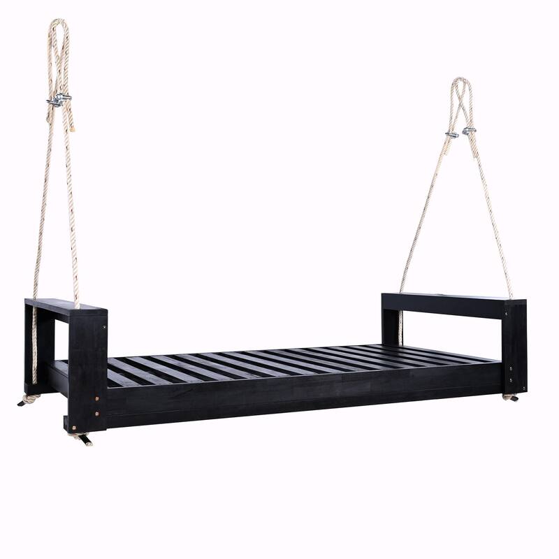 Twin Size Porch Swing Bed Seating Group, Patio Acacia Wood Swing Frame with Hemp Rope