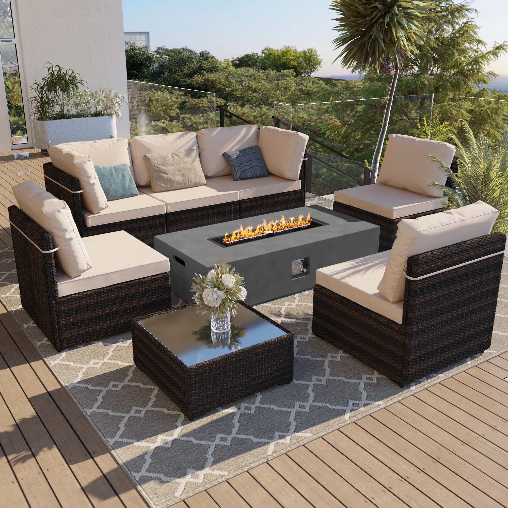 Sectional Sofa Outdoor Patio Set With Propane Fire Pit 5PCS L