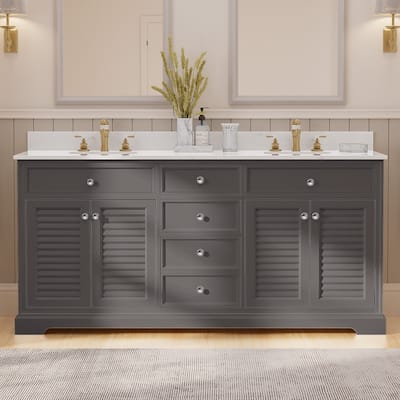 72-Inch Solid Wood Double Sink Bathroom Vanity with Louvered Doors – Classic Coastal Style and Ample Storage