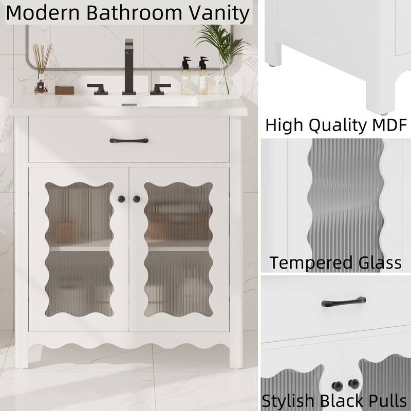 Bathroom Vanity with Sink, Bathroom Cabinet with Tempered Glass Doors & Adjustable Shelves, Wood Bathroom Storage Cabinet