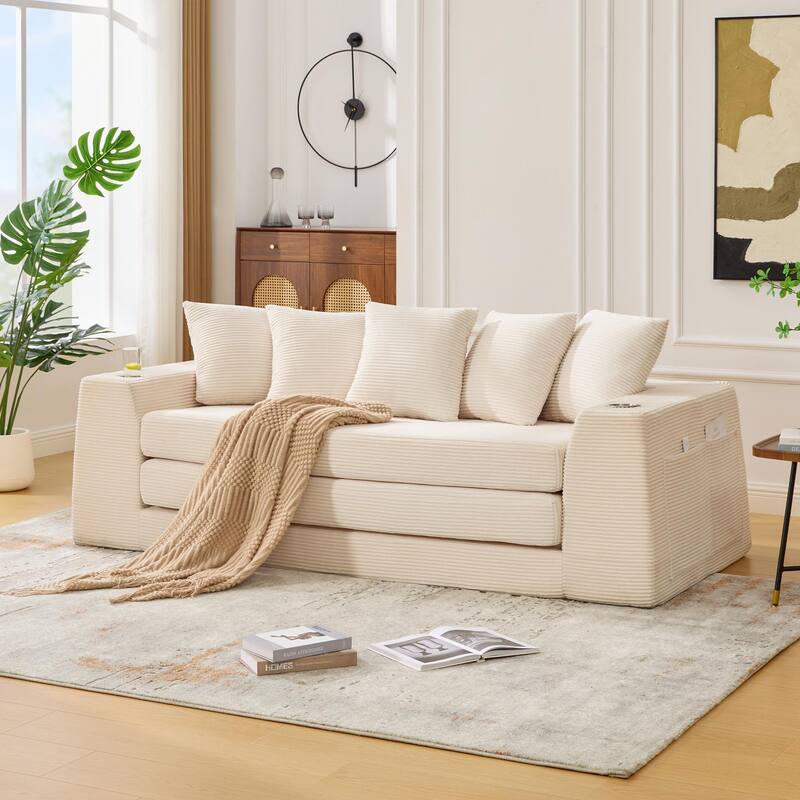 2 in 1 Convertible Sofa Bed, Sleeper Sofa with Storage Pockets, Pull Out Loveseat Couch with Two Cup Holders