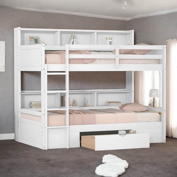 slide 2 of 28, Multi-functional Twin Size Bunk Bed with Built-in Shelves Beside both Upper and Down Bed and Storage Drawer White