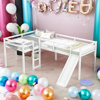 Twin Size L-Shaped Loft Bed With Ladder And Slide,Sturdy Frame for Home