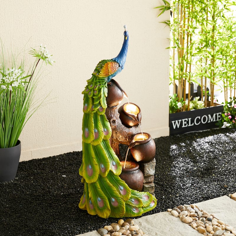 Glitzhome 40"H Oversized 4-Tier Peacock Jars Polyresin LED Lighted Outdoor Floor Fountain