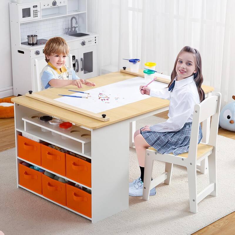 Kids Art Table and 2 Chairs,Toddler Craft and Play Wood Activity Table