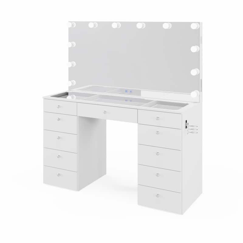 Boahaus Elle Makeup Vanity with Bluetooth Speaker, 12 Lights, and 11 Drawers