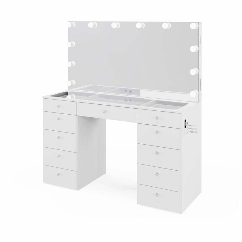 Makeup Vanity Desk, Glass Top, 12 LED Lights BT Speakers & 11 Drawers