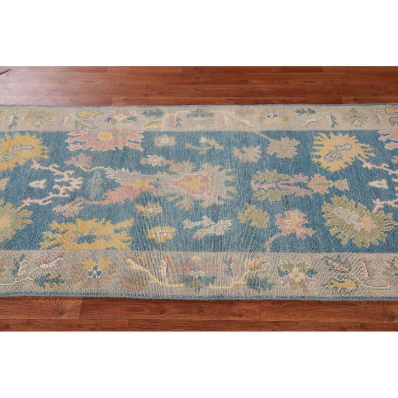 Hand Knotted Oriental 100% Wool Carpet Transitional Floral Navy Blue & Blues Oushak Runner Rug - 11' 7'' X 2' 10''