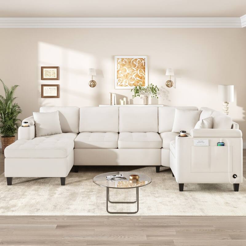 115.7" Modern Oversized U-shaped Sectional Sofa with Built-in Cup Holders, Storage Space and USB Ports - Beige