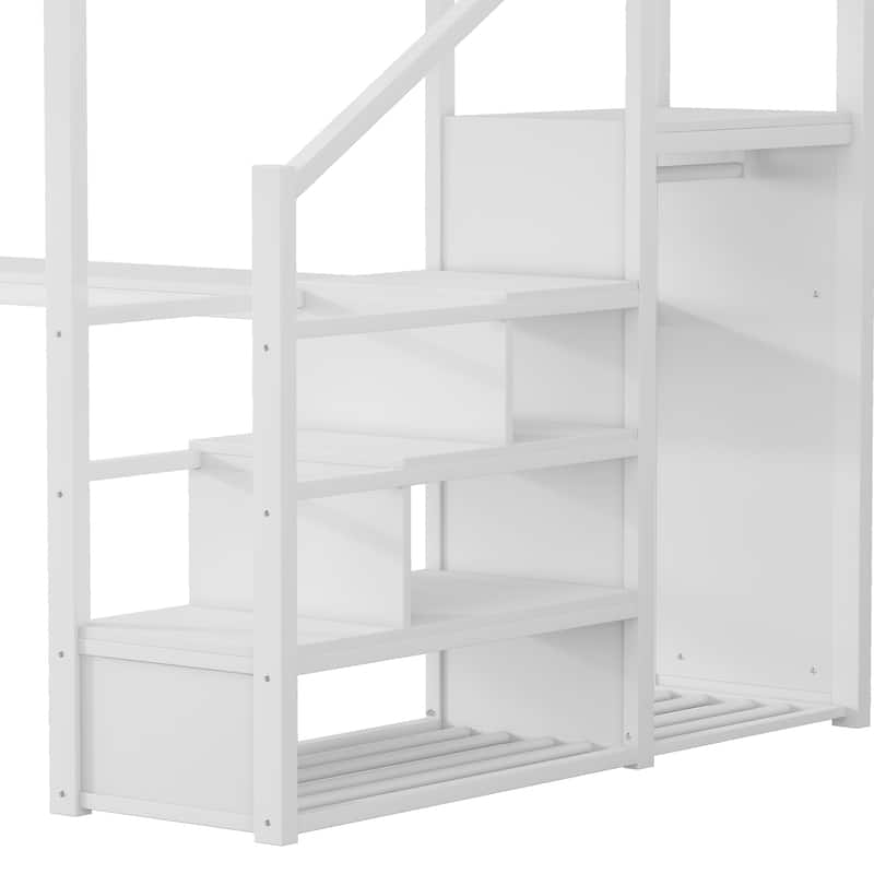 Iron Loft Bed Frame with Desk, Charging Station, Bedside Shelf and Wardrobe, Heavy Duty Metal Loftbed with LED Lights