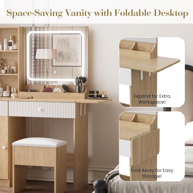 Foldable Panel Makeup Vanity Desk with Lighted Mirror for Compact Space