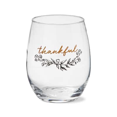 18 oz. Thankful Stentiment Clear Glass Stemless Wine Drinkware Dishwasher Safe Beverage Glassware Dinner Party Wedding