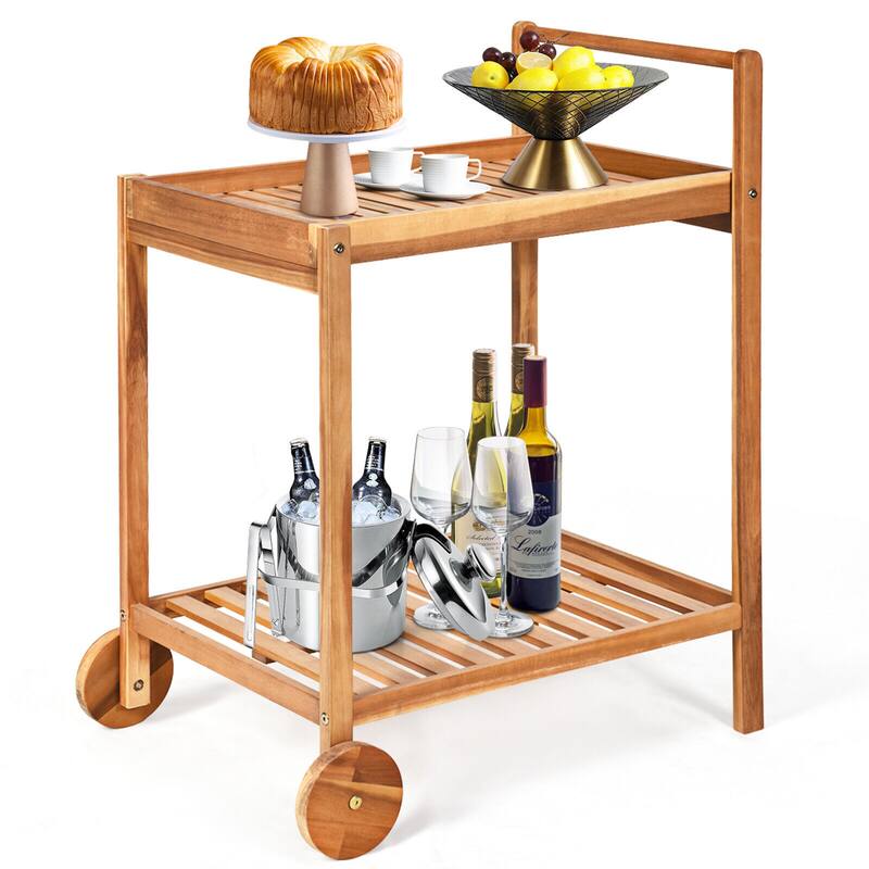 Gymax 2-Tier Acacia Rolling Kitchen Trolley Cart Dining Serving Cart - See Details - Kitchen Cart - Brown