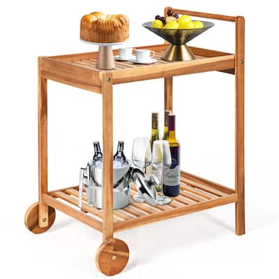 Gymax 2-Tier Acacia Rolling Kitchen Trolley Cart Dining Serving Cart - See Details