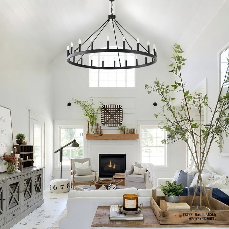 53" Large Wagon Wheel Chandelier Black Farmhouse Pendant Light Fixtures