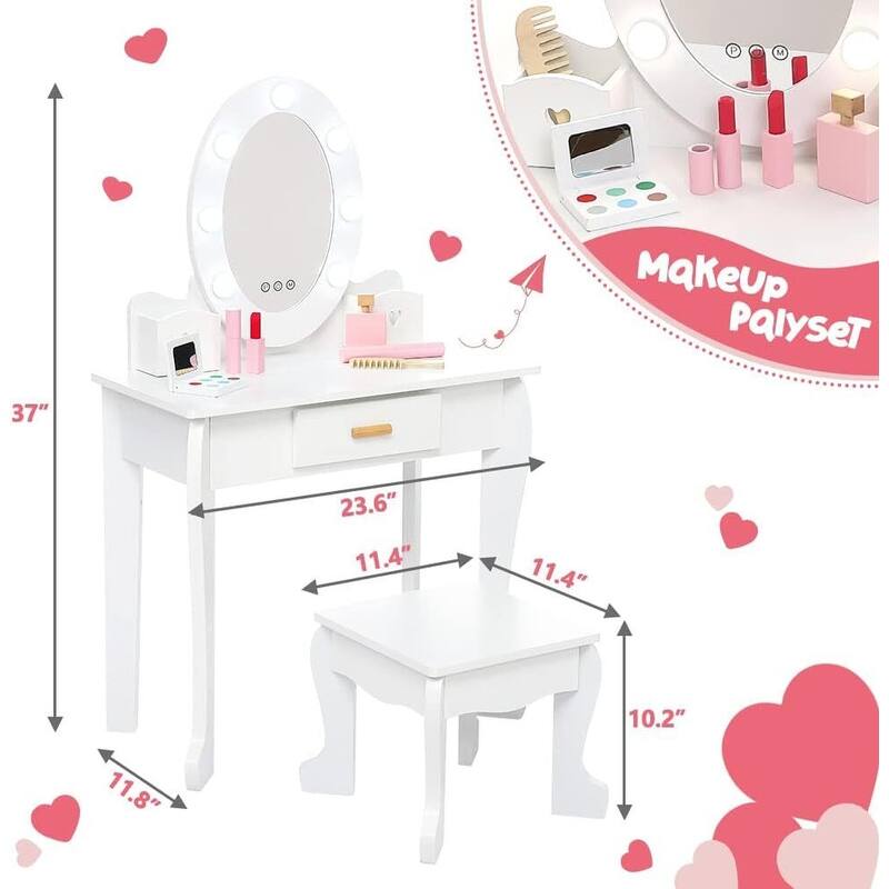 Toddler Lighted Mirror Vanity and Stool, Makeup Play Table for Girls Best Gift