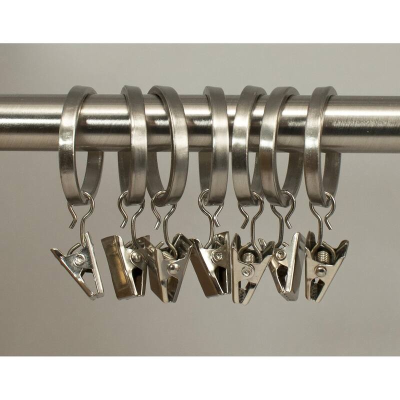 Set of 7 Zinc Cast Curtain Drapery Flat Rings with Clips 1 1/8" Inch Inner Diameter - Brush Steel