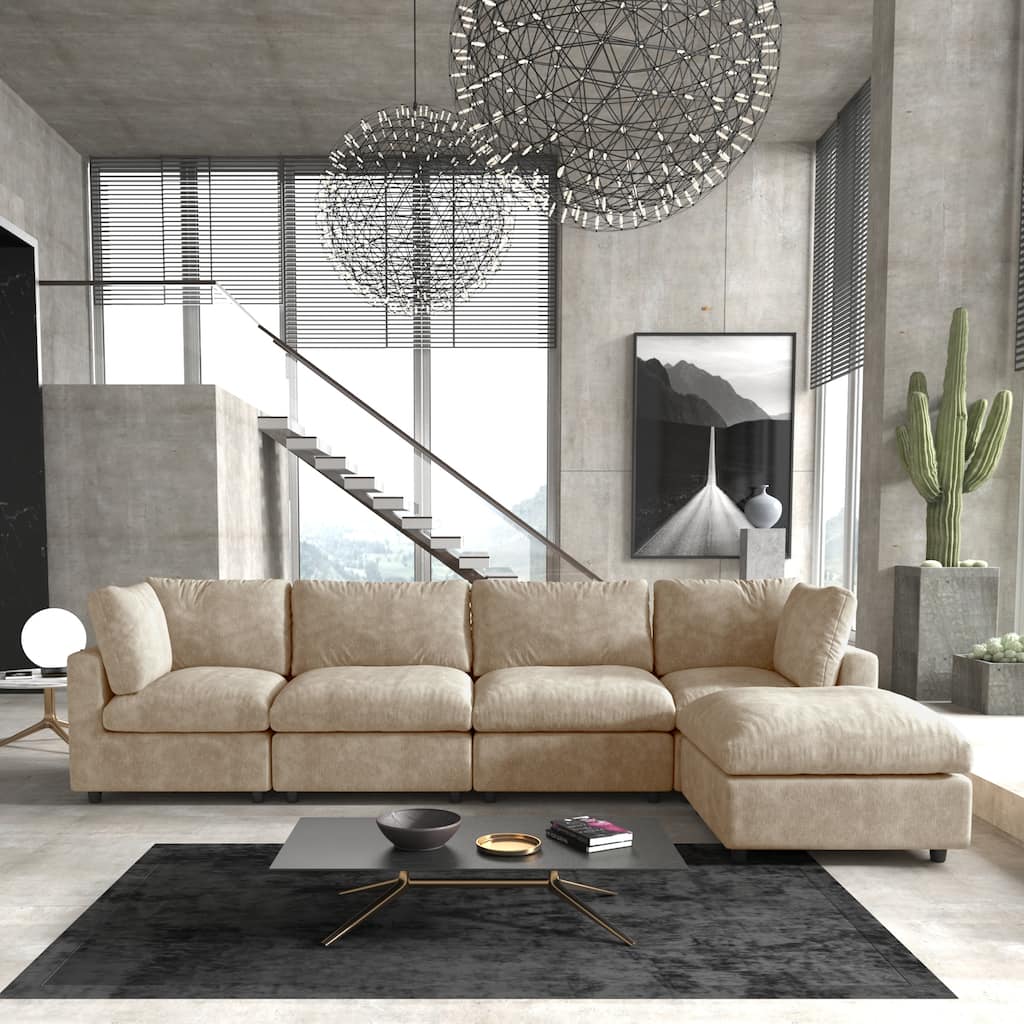 Minimalist Upholstered Cushion Sofa 4-Seater Chenille Modular Sectional Couch with Ottoman