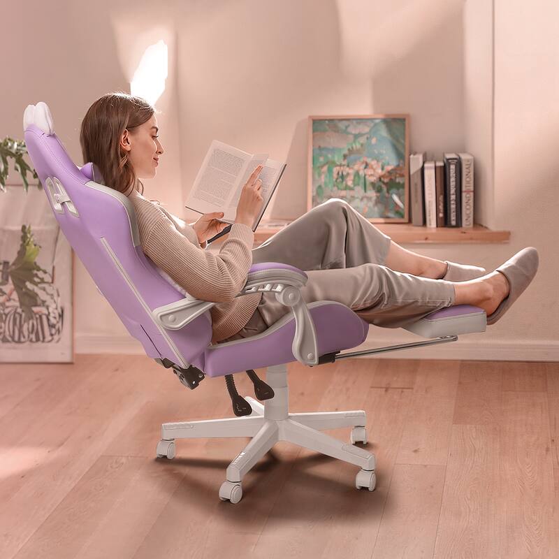 BOSSIN Gaming Chair with Cat Ears and Cat Paw Cushion Pillow,Cute Kawaii Reclining Computer Chair for Girl with Footrest