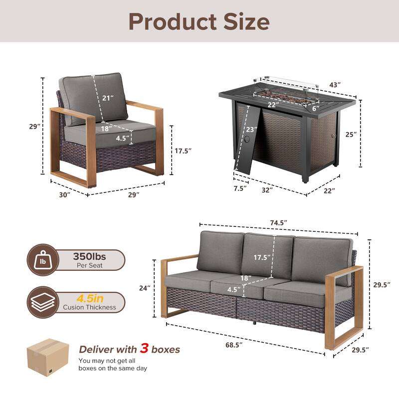 Meyreso Wicker Patio Conversation Set with Metal Fire Pit Table & Olefin Cushions