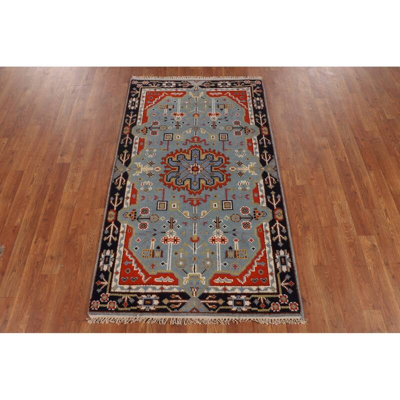 Light Blue Geometric Kazak Rug Hand-Knotted Wool Carpet - 3'0" X 5'2"