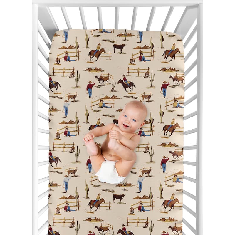 Wild West Collection Boy Jersey Knit Fitted Crib Sheet - Red, Blue, Tan Western Cowboy Southern Country Horse