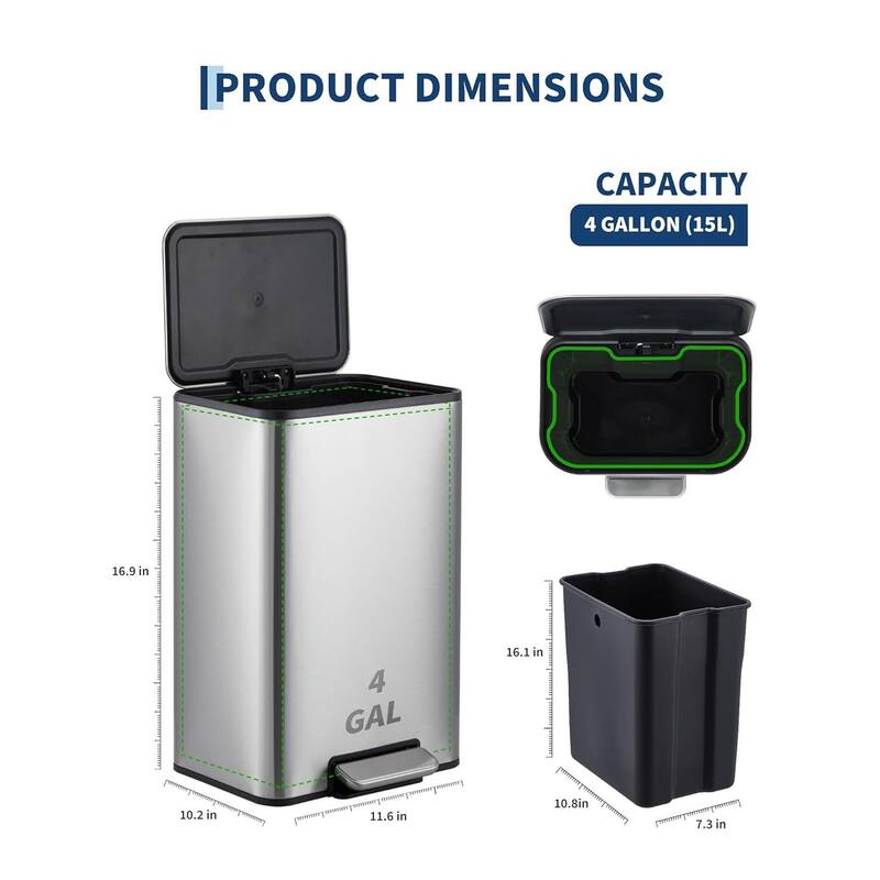 3.4-Gallon Rectangular Step Trash Can Stainless Steel with Soft-Close Lid and Removable Bucket Silver