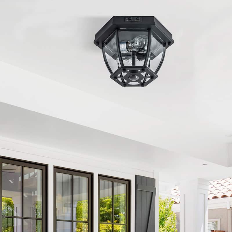 C Cattleya 2-Light Matte Black Motion Sensor Outdoor Flush Mount Ceiling Light