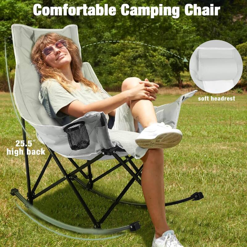 BOSSIN Heavy-Duty Oversized Rocking Camp Chair, Portable Folding w/Cup Holder, Cooler & Pocket for Camping, Beach, Backyard
