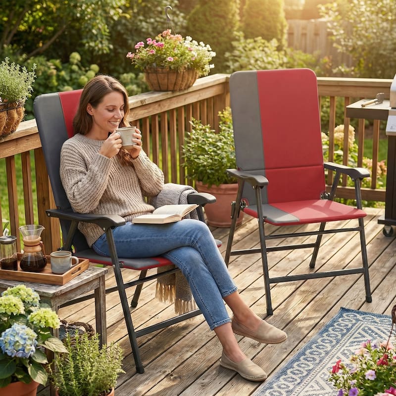 Outsunny Folding Patio Chairs Set of 2, Padded High Back Folding Lawn Chairs with Armrests, 600D Oxford Fabric - Red
