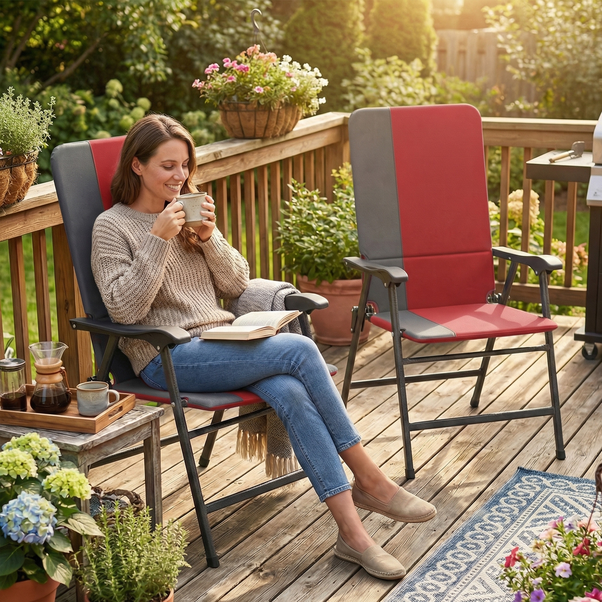 Outsunny Folding Patio Chairs Set of 2, Padded High Back Folding Lawn Chairs with Armrests, 600D Oxford Fabric