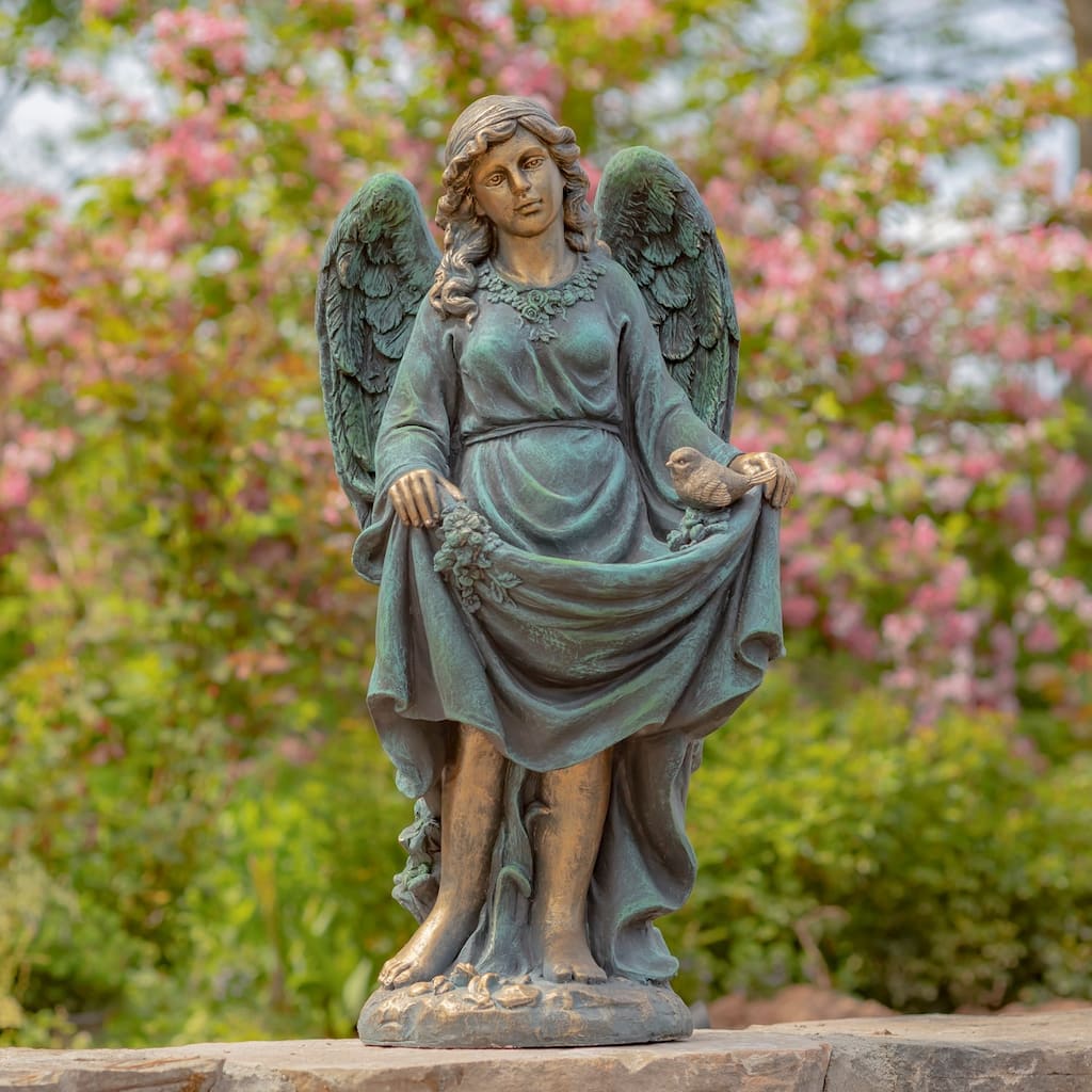 37" Tall Magnesium Angel Statue and Birdbath in Antique Bronze