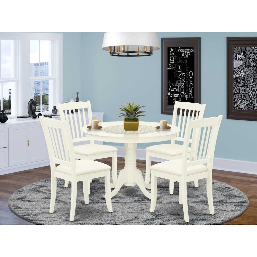 HomeStock 5-Piece Round Linen White Finish Solid Wood Top Dining table with 4 Chairs with Slat Back