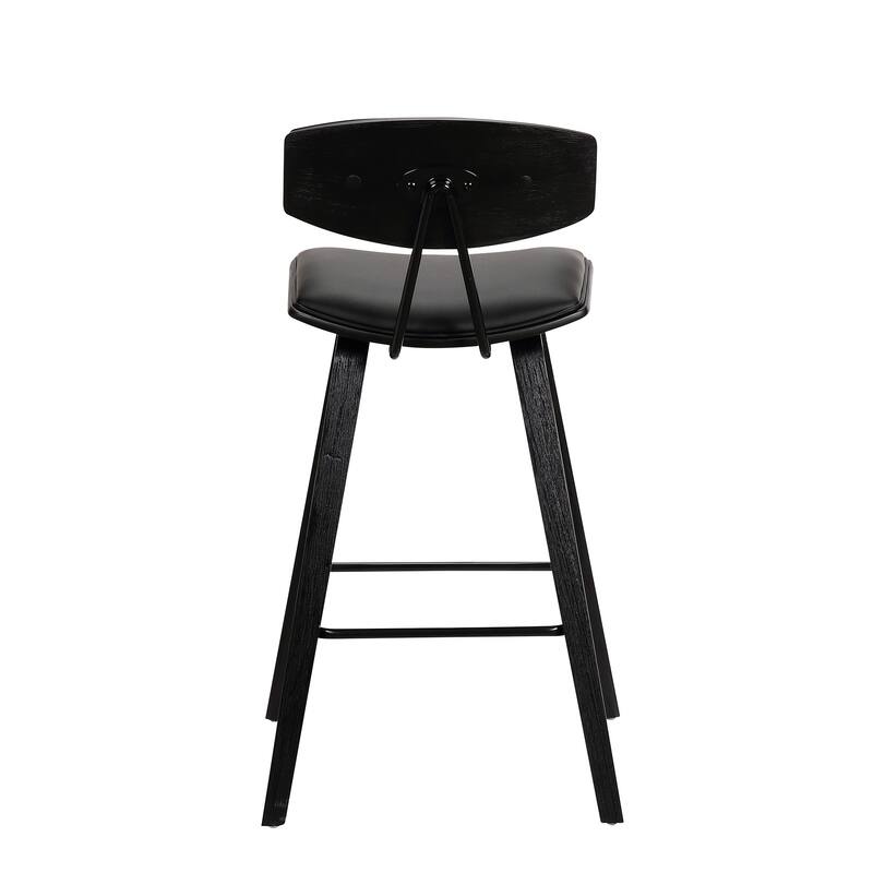 Fox 29" Bar Height Mid-Century Modern Bar Stool, Black Faux Leather and Black Wood