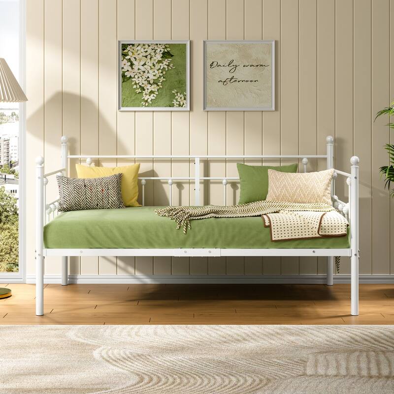 VECELO Roman Column Daybed 79" Iron Frame Space Saving Daybed Set with Rolling Trundle for Guest Teen Room Black or White