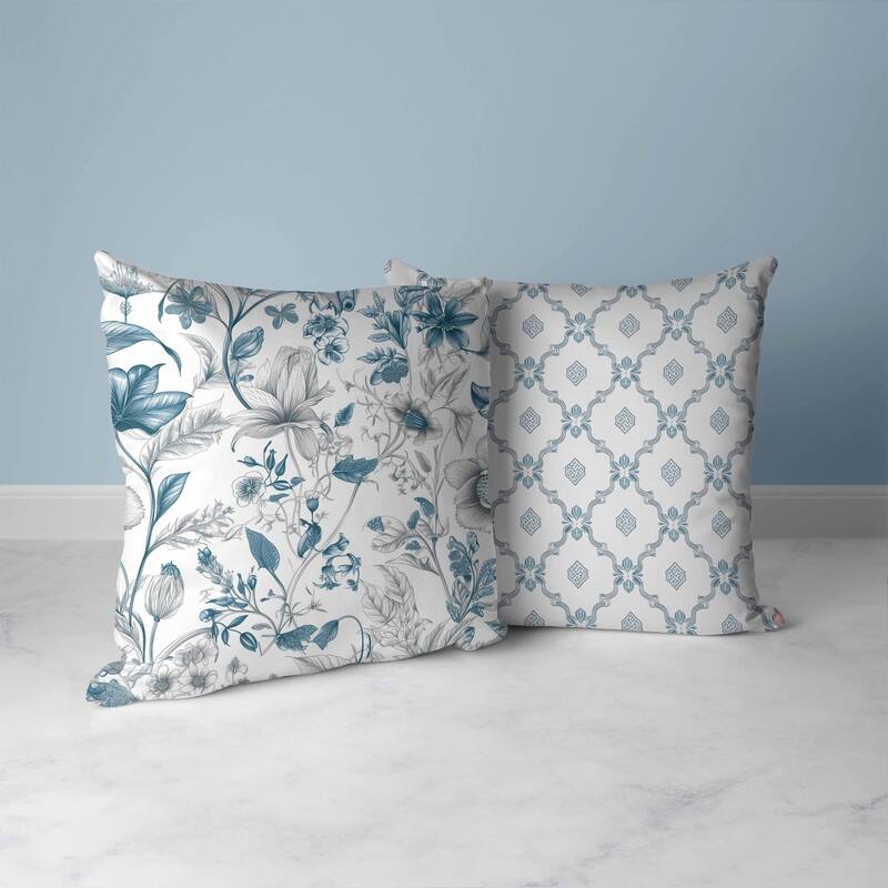Garden Grace Gala Faux Suede Reversible Throw Pillow White and Blue
