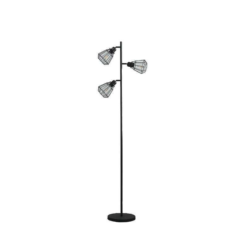 Black Metal Tree Floor Lamp with Cage Shades, Edison Bulbs and Foot Switch - 18” x 10” x 65.5” (D x W x H)