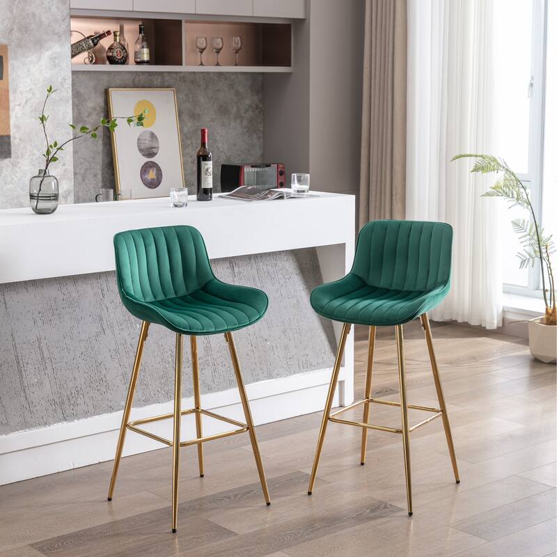 Set of 2 30" High Bar Stools, Green Velvet Fabric with Chrome Footrest & Gold Legs