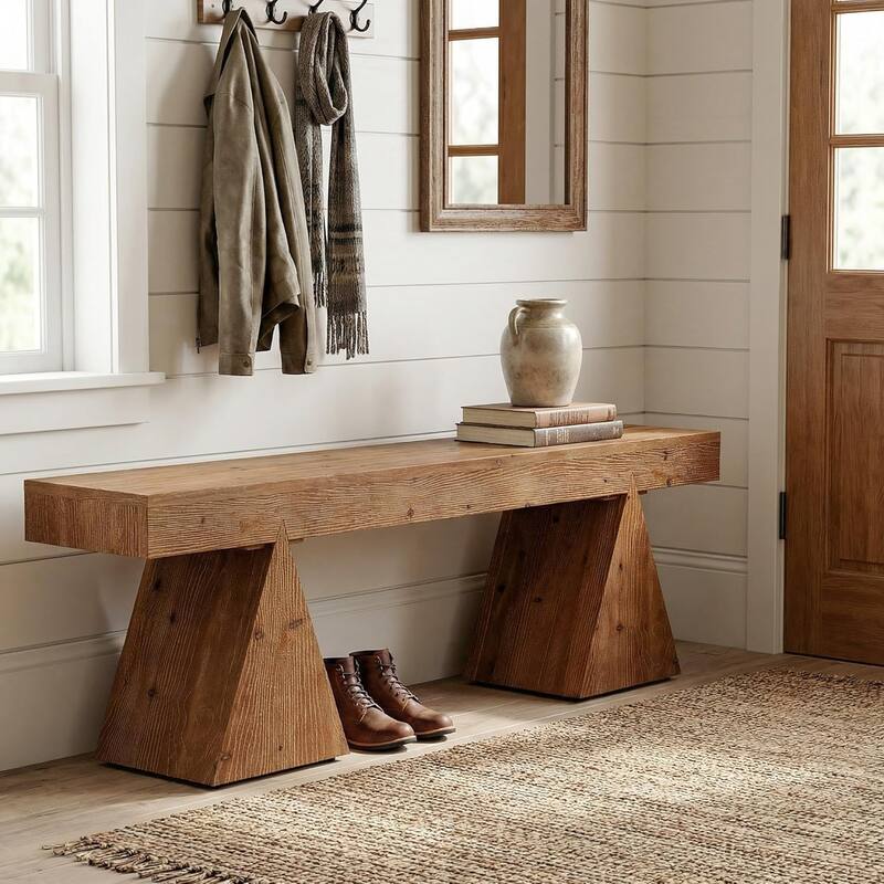 63" Solid Wood Bench, End of Bed Bench, Farmhouse Entryway Benches for Bedroom, Hallway, Kitchen