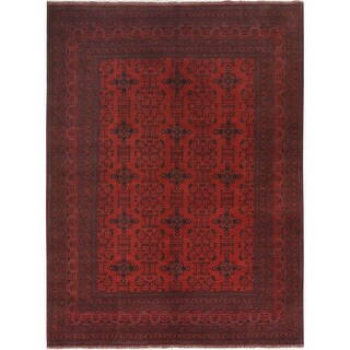 Shahbanu Rugs Scarlet Red, Afghan Andkhoy with Geometric Pattern, Pure ...