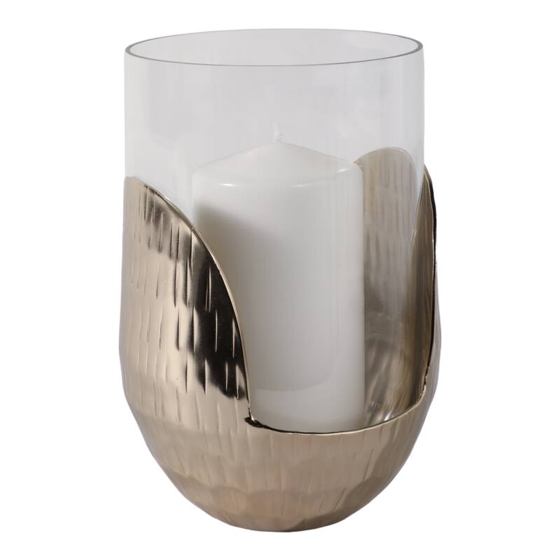 Decorative Glass Hurricane Candle Holder with Metal Base - Gold & Clear