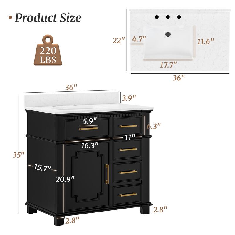 36 Inch Bathroom Vanity with Sink, Soft-Close Sliding Drawers & Cabinet, Bathroom Vanity Cabinet Set in White